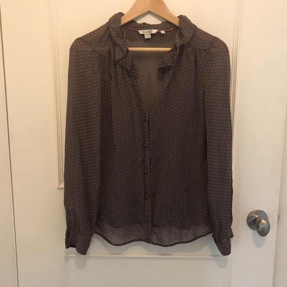 Boden Sheer Silk Gray and Pink Polka Dot Ruffled Blouse Sz 6